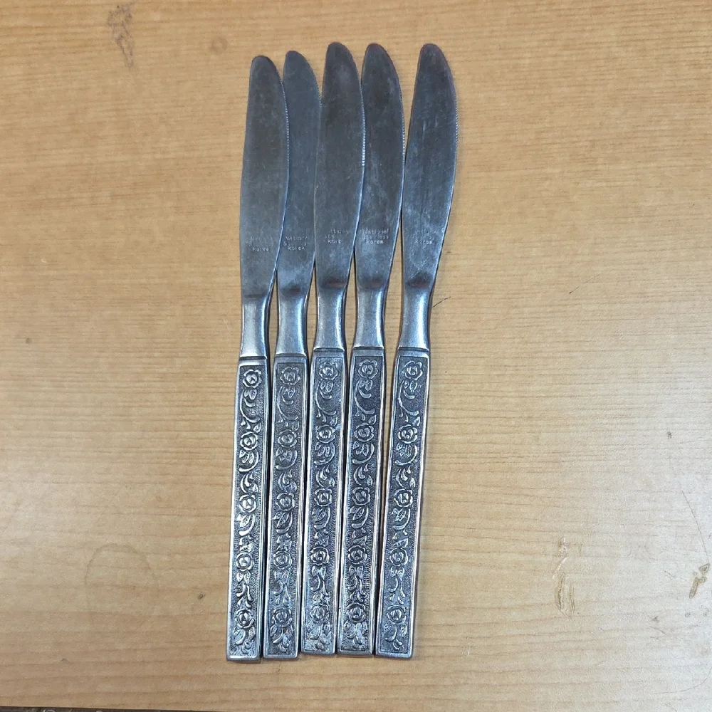 Vintage Nasco Bali‎ Stainless Flatware 5 Dinner Knives  Floral MCM Korea